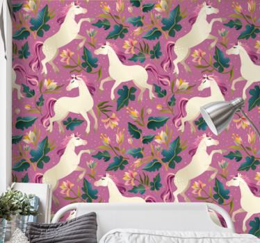 Rosa och blommig hästdesign tapet för sovrum - Tenstickers