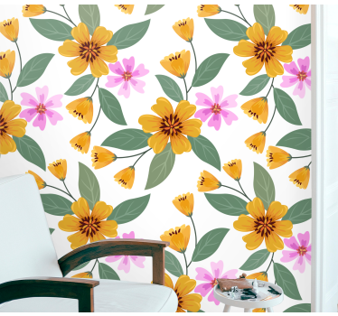 Rosa och gult blommönster tapet - Tenstickers