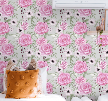 Rosa stora blommor på grå natur tapet - Tenstickers