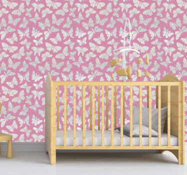 Silver fjärilar rosa bakgrund sovrum tapet - Tenstickers