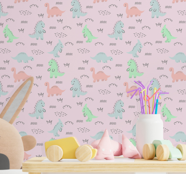 Små dinosaurier på rosa bakgrund barn tapet - Tenstickers