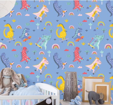 Söta skridskoåkare dinosaurier barn tapet - Tenstickers