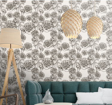 Svartvita blommor mönster blommig tapet - Tenstickers