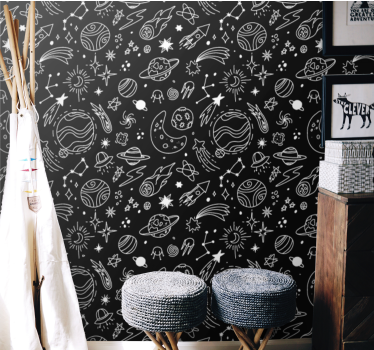Svartvita kosmiska illustrationer barn tapet - Tenstickers