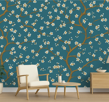 Tapet blommor guldblomma teal - Tenstickers
