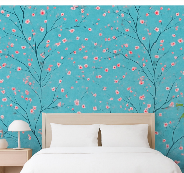 Tapet blommor i teal körsbärsblommor - Tenstickers