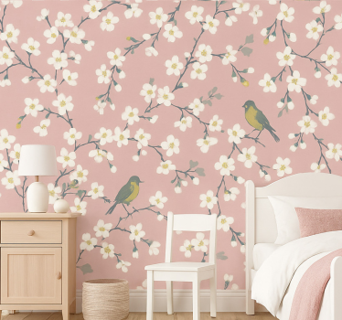 Tapet blommor rosa fruktträd fåglar - Tenstickers