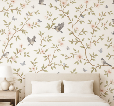 Tapet fåglar vintage blomma fågel - Tenstickers