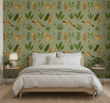 Tapet sovrum blommig djungel leoparddesign - Tenstickers