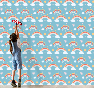 Tecknad regnbåge illustration himmel barn tapet - Tenstickers